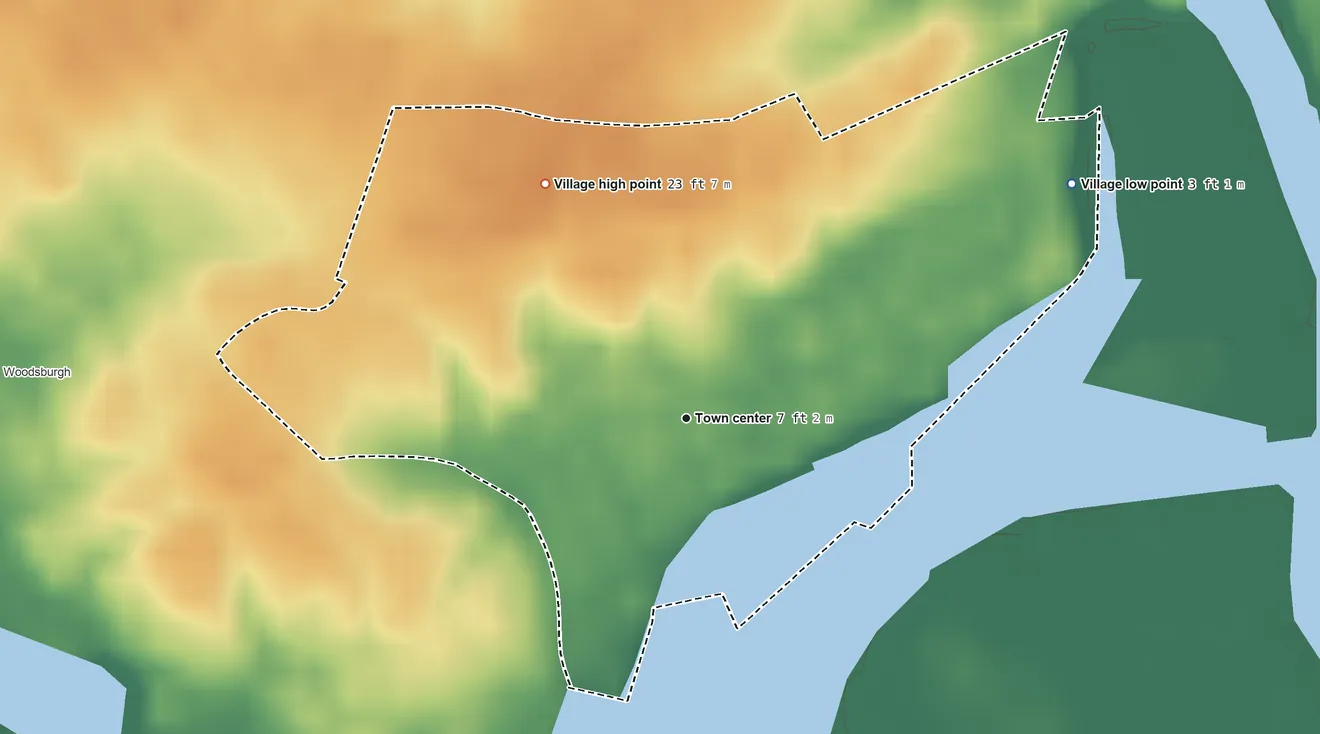 Topographic elevation map of Hewlett Neck, New York, shaded from 3 ft on the northeast side to 23 ft on the northwest side