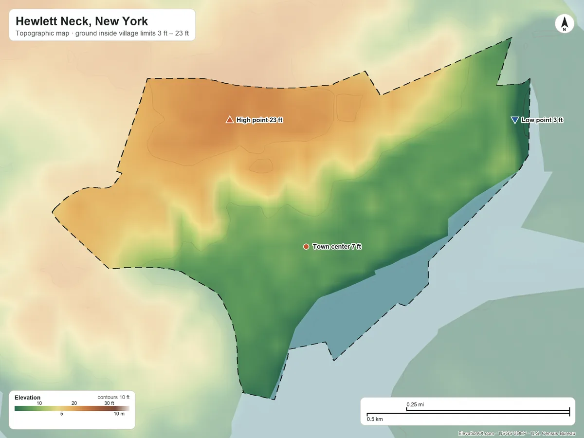 Topographic elevation map of Hewlett Neck, New York, shaded from 3 ft on the northeast side to 23 ft on the northwest side