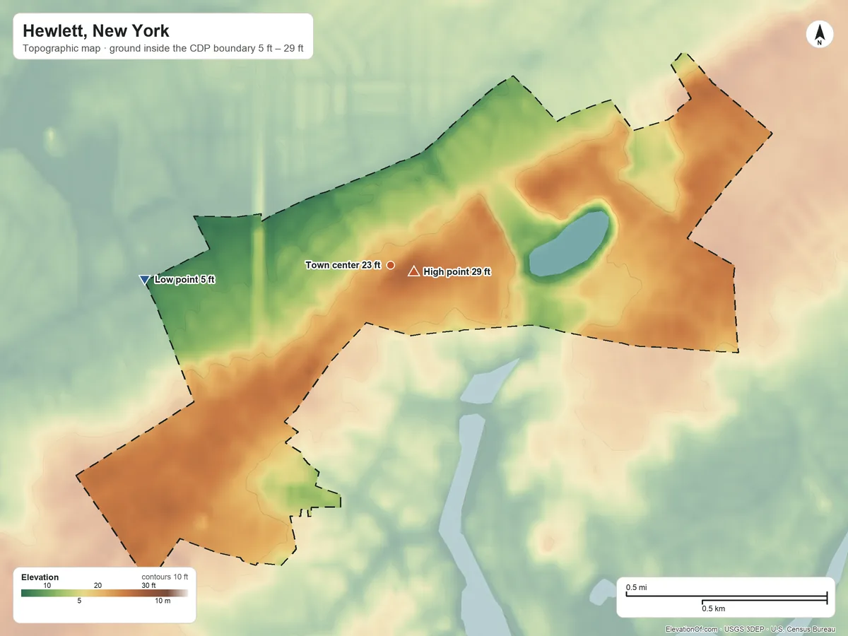 Topographic elevation map of Hewlett, New York, shaded from 5 ft on the west side to 29 ft near the middle