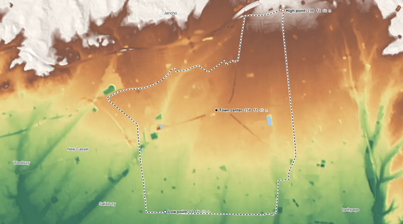 Topographic elevation map of Hicksville, New York, shaded from 94 ft on the southwest side to 190 ft on the northeast side