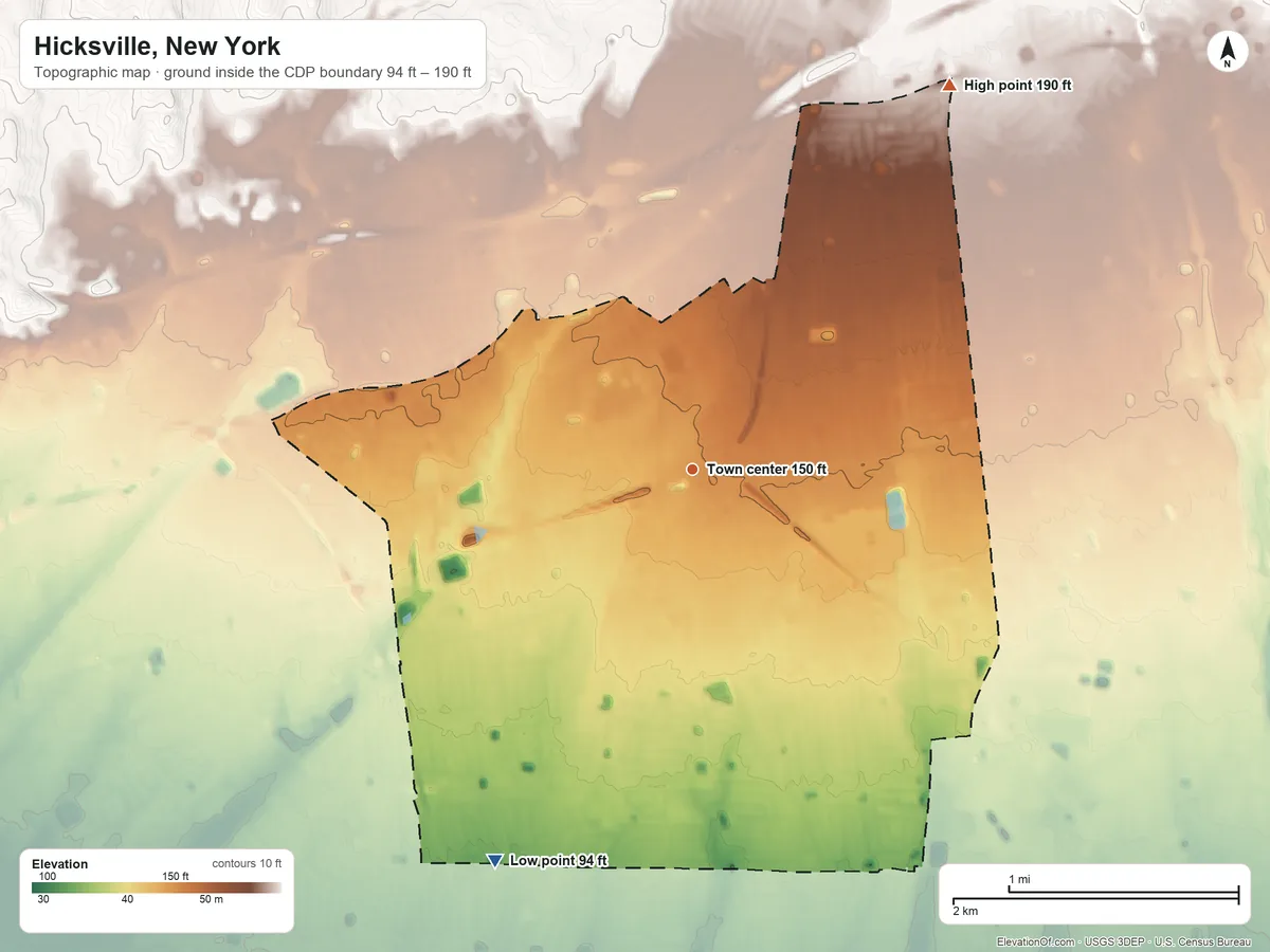 Topographic elevation map of Hicksville, New York, shaded from 94 ft on the southwest side to 190 ft on the northeast side