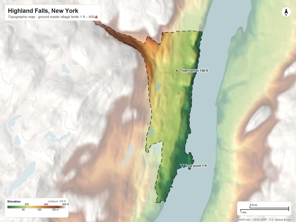 Topographic elevation map of Highland Falls, New York, shaded from 1 ft on the south side to 600 ft on the northwest edge, below higher ground just outside