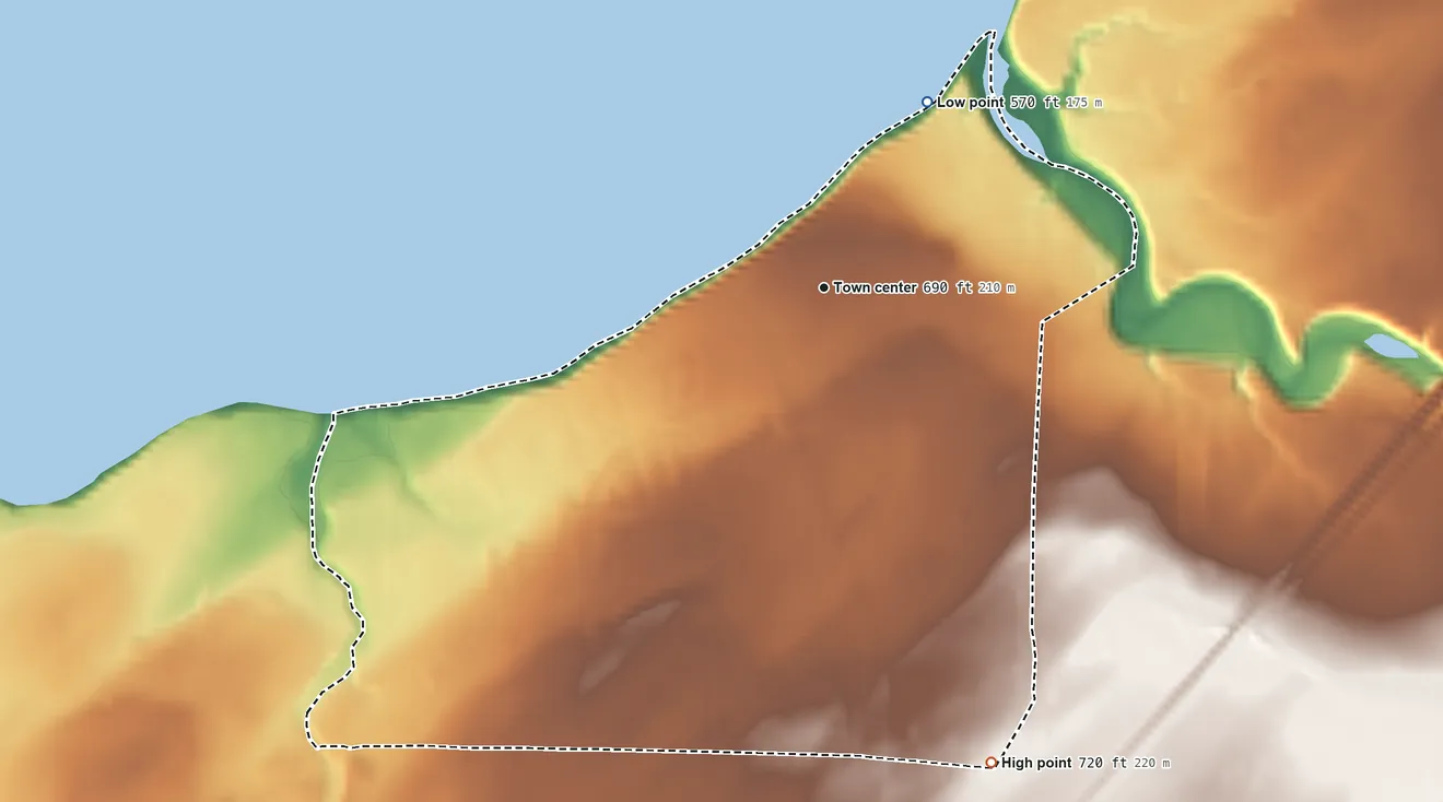 Topographic elevation map of Highland-on-the-Lake, New York, shaded from 570 ft on the northeast side to 720 ft on the south side