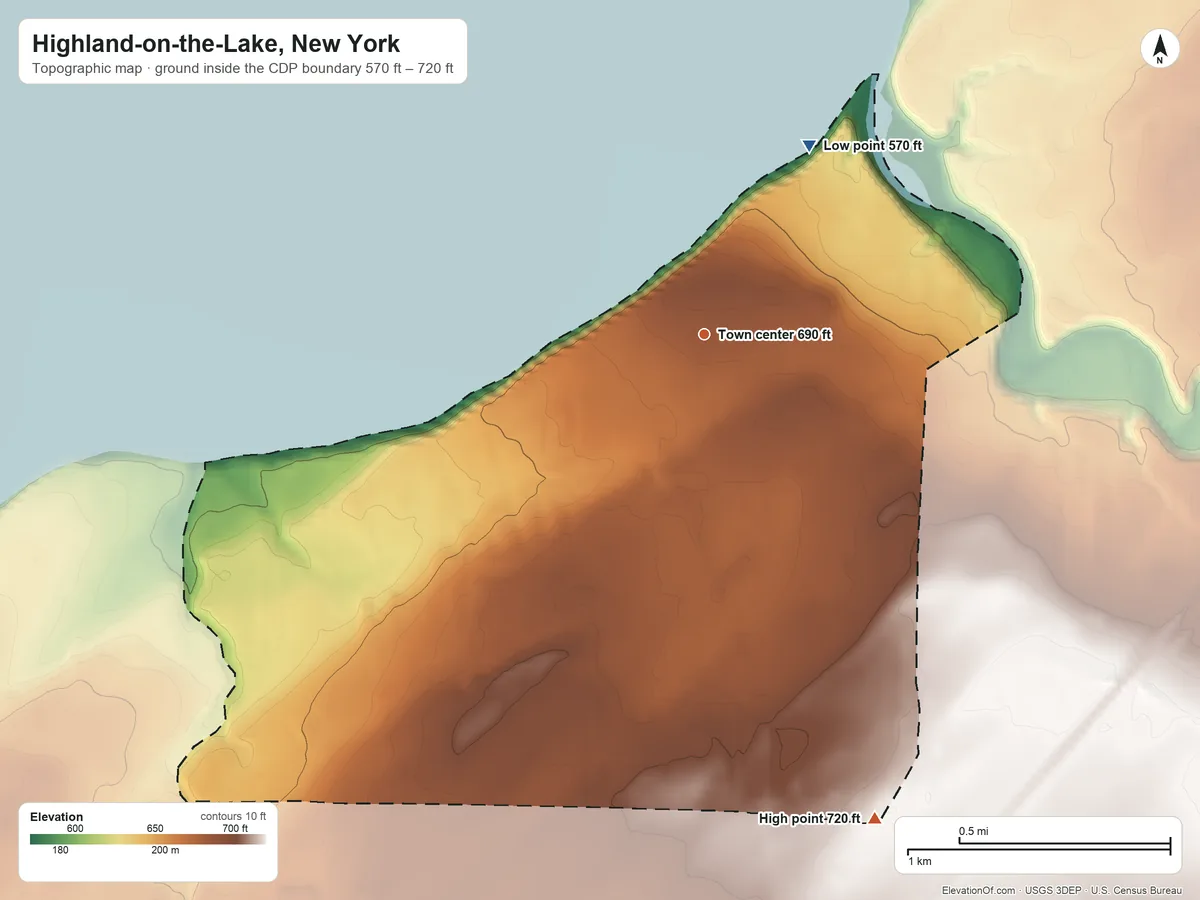 Topographic elevation map of Highland-on-the-Lake, New York, shaded from 570 ft on the northeast side to 720 ft on the south side