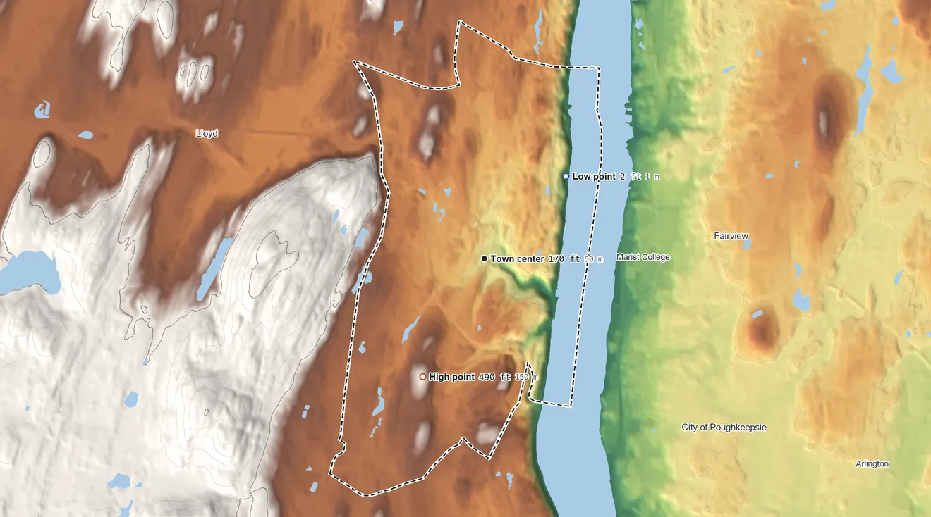 Topographic elevation map of Highland, New York, shaded from 2 ft on the northeast side to 490 ft at the foot of the Marlboro Mountains
