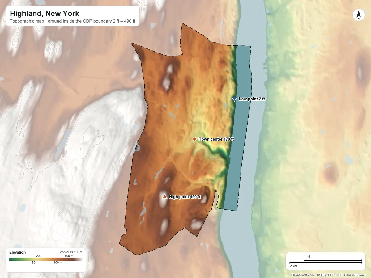 Topographic elevation map of Highland, New York, shaded from 2 ft on the northeast side to 490 ft at the foot of the Marlboro Mountains