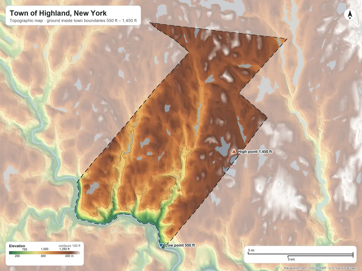 Topographic elevation map of Town of Highland, New York, shaded from 550 ft on the south side to 1,450 ft on the east side