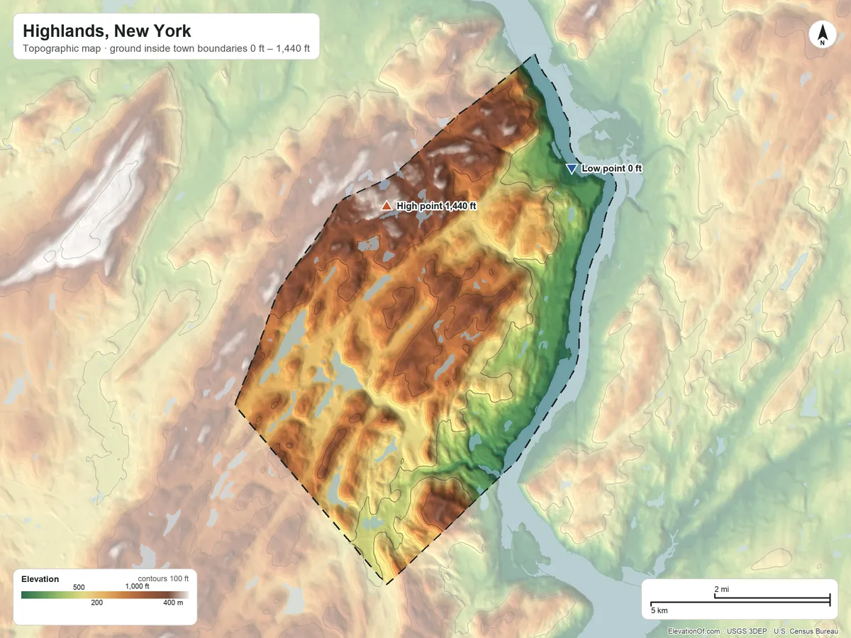 Topographic elevation map of Highlands, New York, shaded from 0 ft on the north side to 1,440 ft on Spy Rock