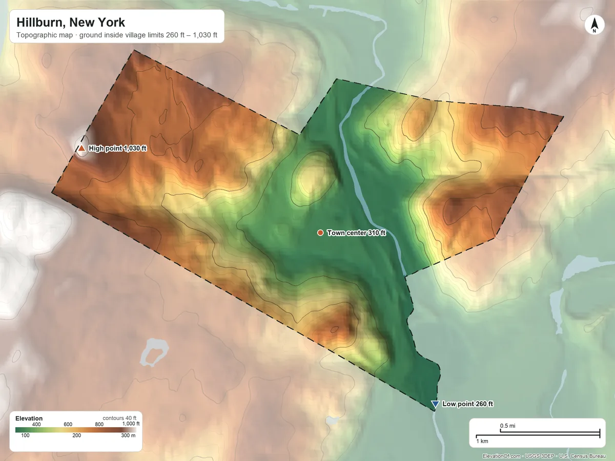 Topographic elevation map of Hillburn, New York, shaded from 260 ft on the southeast side to 1,030 ft on the west side