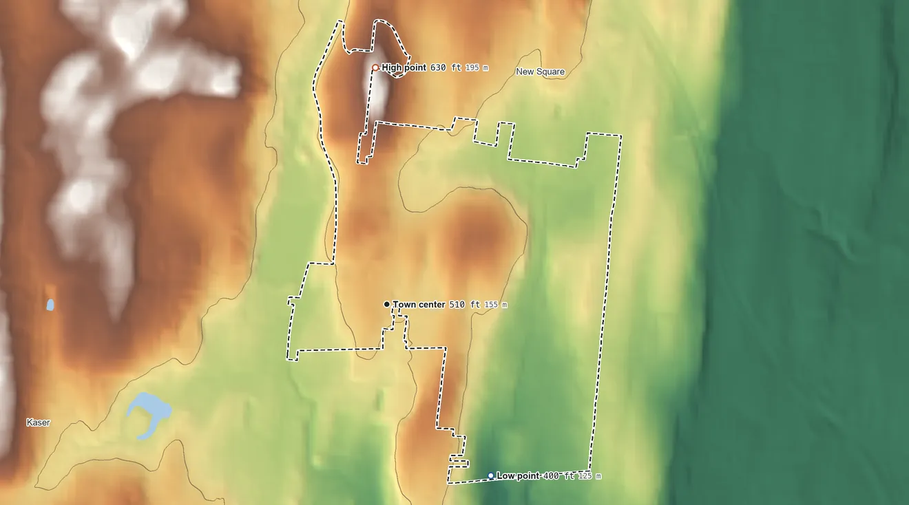 Topographic elevation map of Hillcrest, New York, shaded from 400 ft on the southeast side to 630 ft on the north side