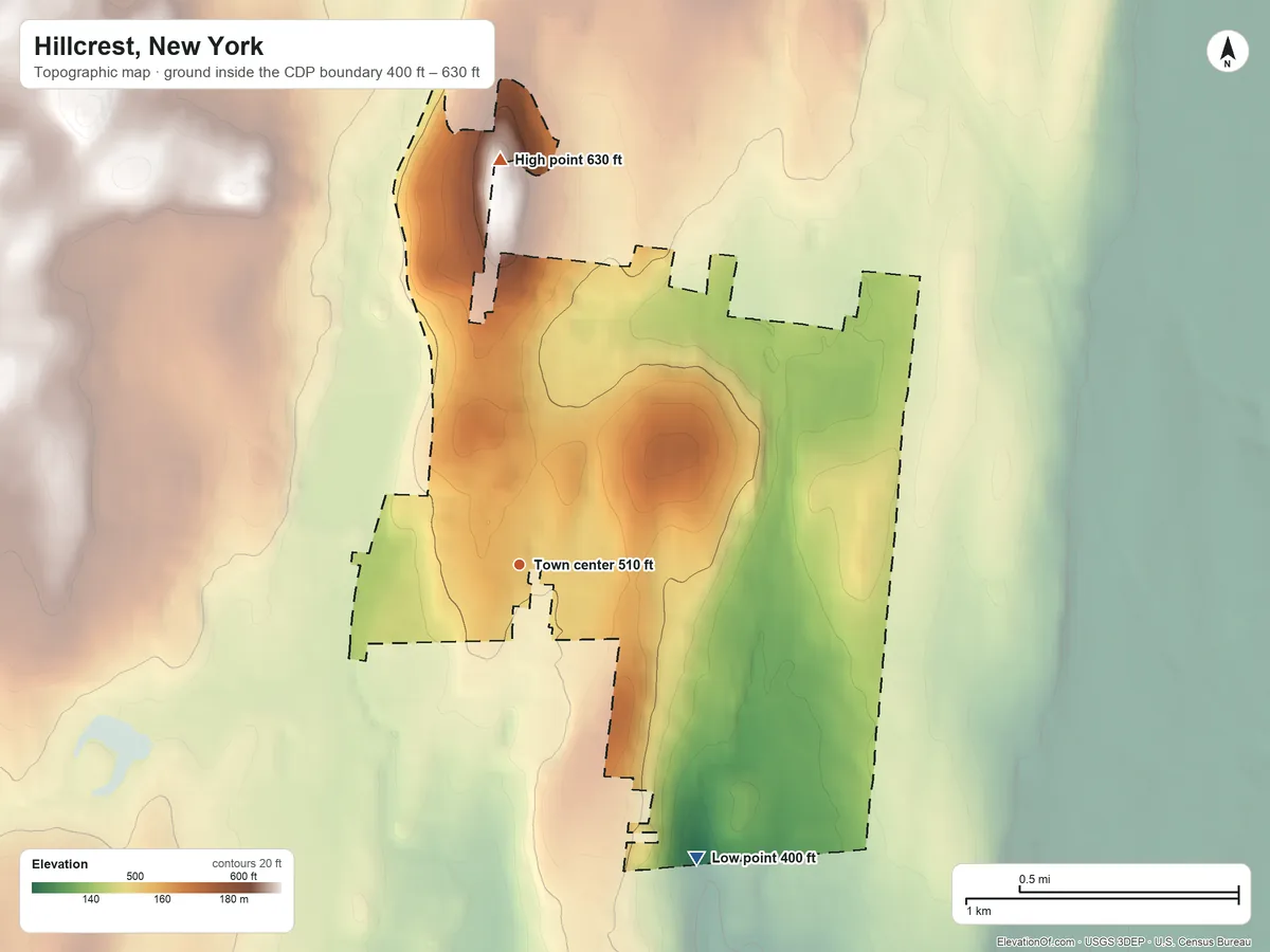 Topographic elevation map of Hillcrest, New York, shaded from 400 ft on the southeast side to 630 ft on the north side