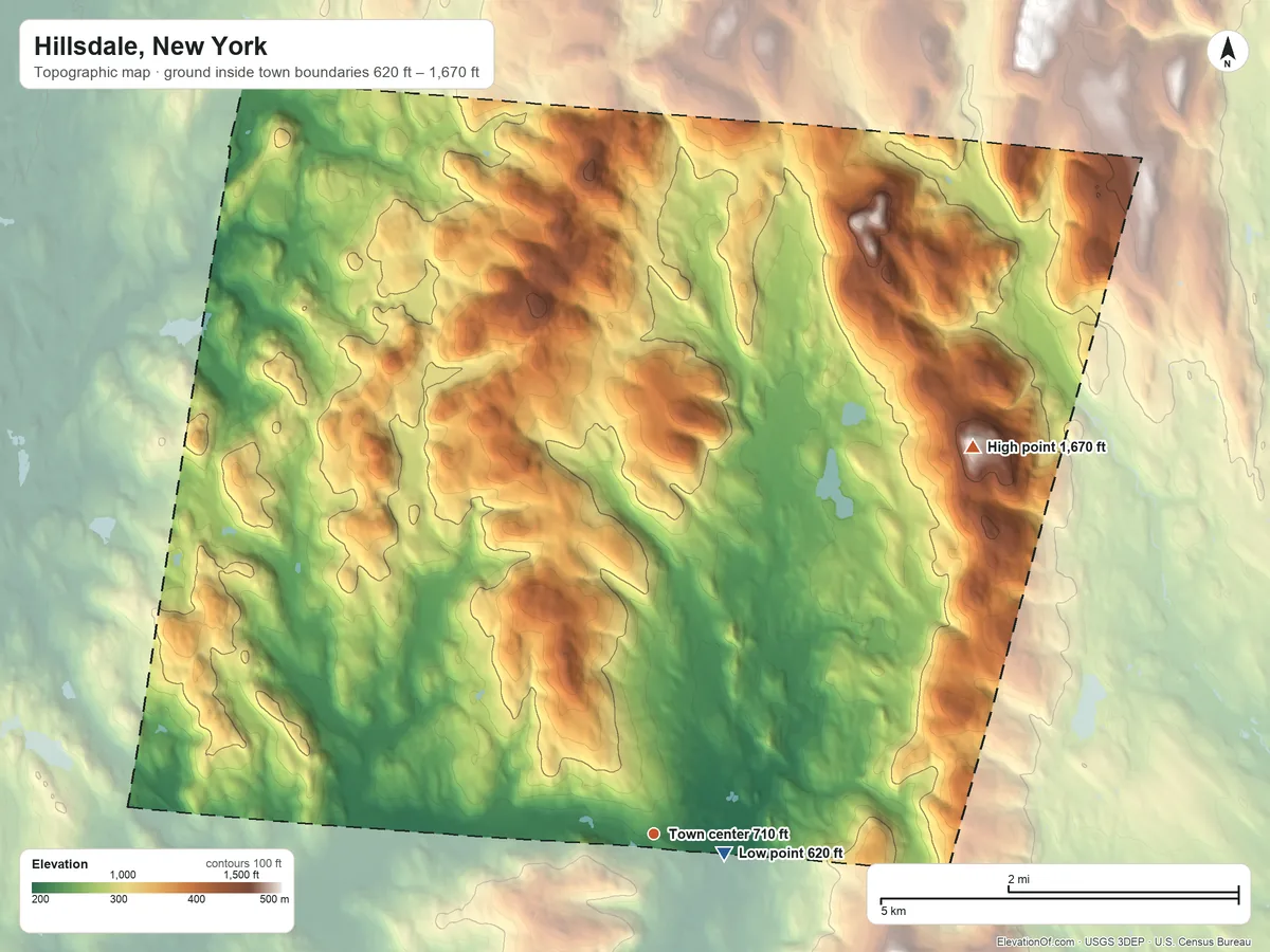 Topographic elevation map of Hillsdale, New York, shaded from 620 ft near the middle to 1,670 ft on White Hill
