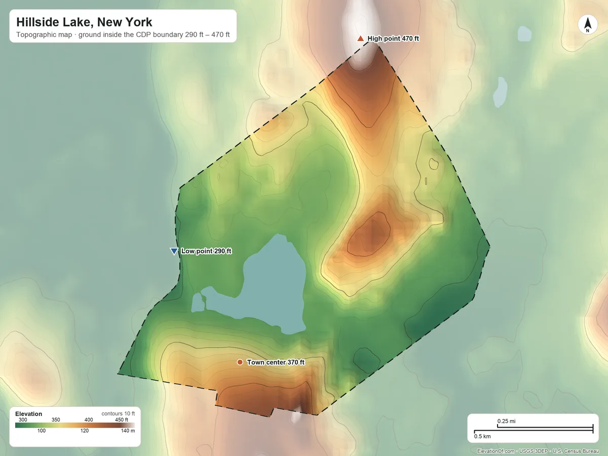 Topographic elevation map of Hillside Lake, New York, shaded from 290 ft on the northwest side to 470 ft on the north side