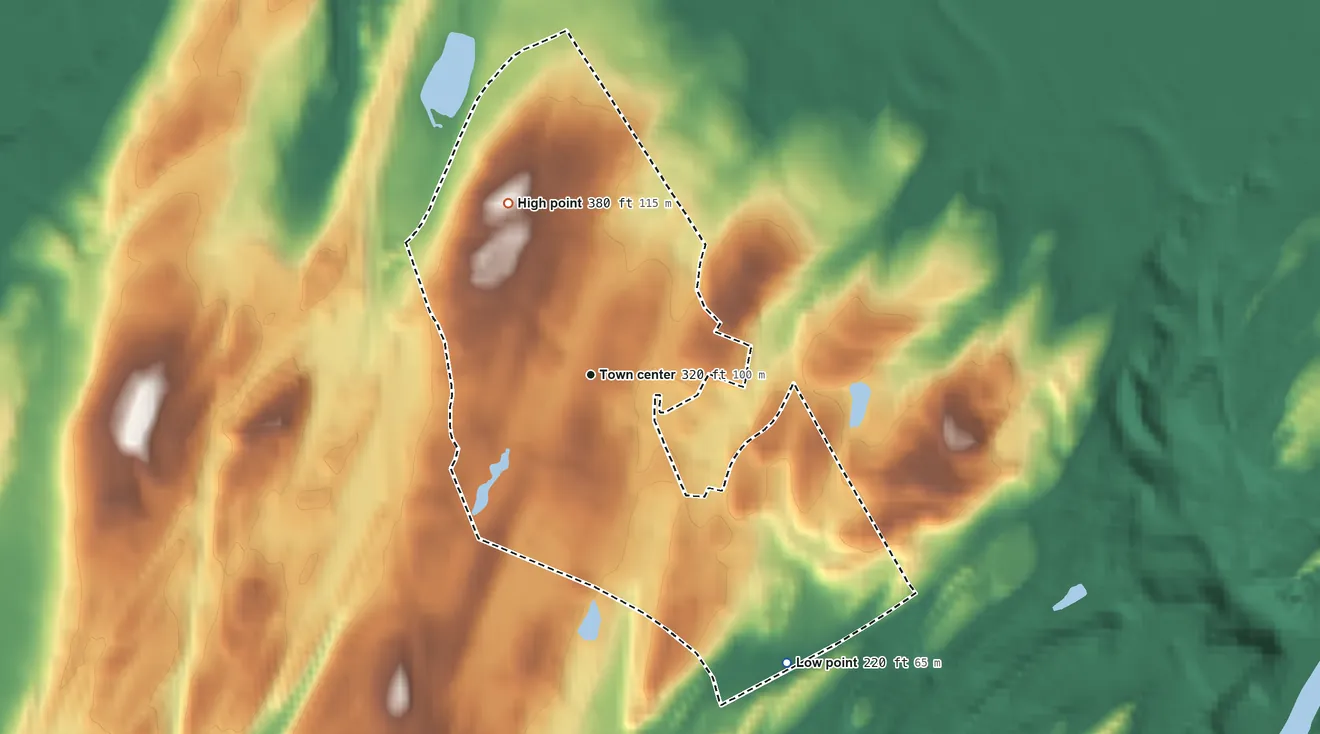 Topographic elevation map of Hillside, New York, shaded from 220 ft on the southeast side to 380 ft on the northwest side