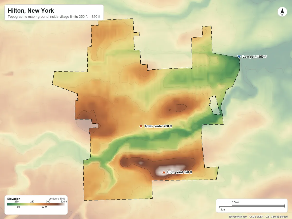 Topographic elevation map of Hilton, New York, shaded from 250 ft on the northeast side to 320 ft on the southeast side