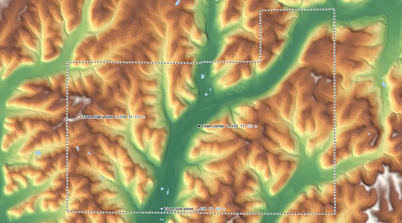Topographic elevation map of Hinsdale, New York, shaded from 1,430 ft on the southwest side to 2,260 ft on the west side