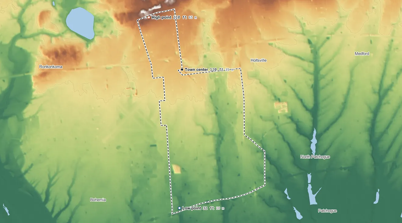 Topographic elevation map of Holbrook, New York, shaded from 32 ft on the south side to 210 ft on the northwest side