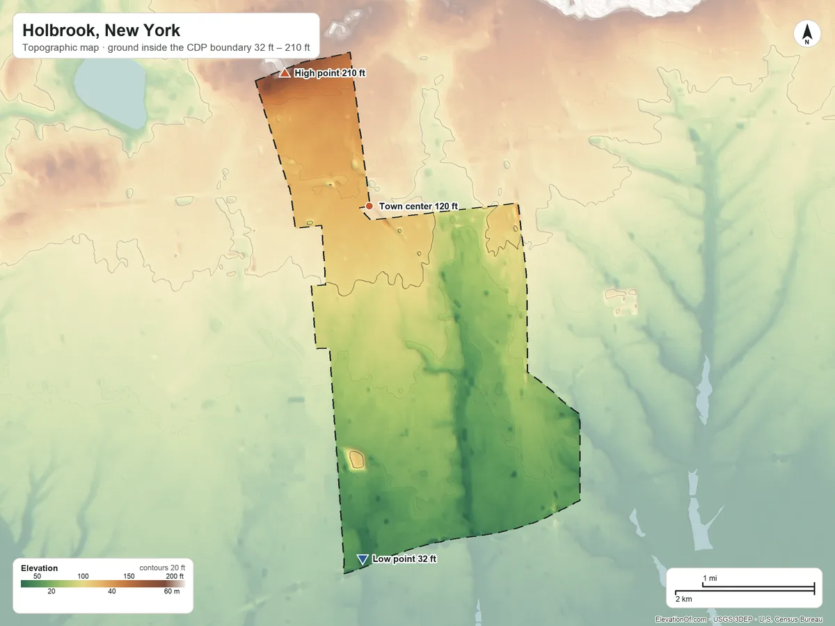 Topographic elevation map of Holbrook, New York, shaded from 32 ft on the south side to 210 ft on the northwest side