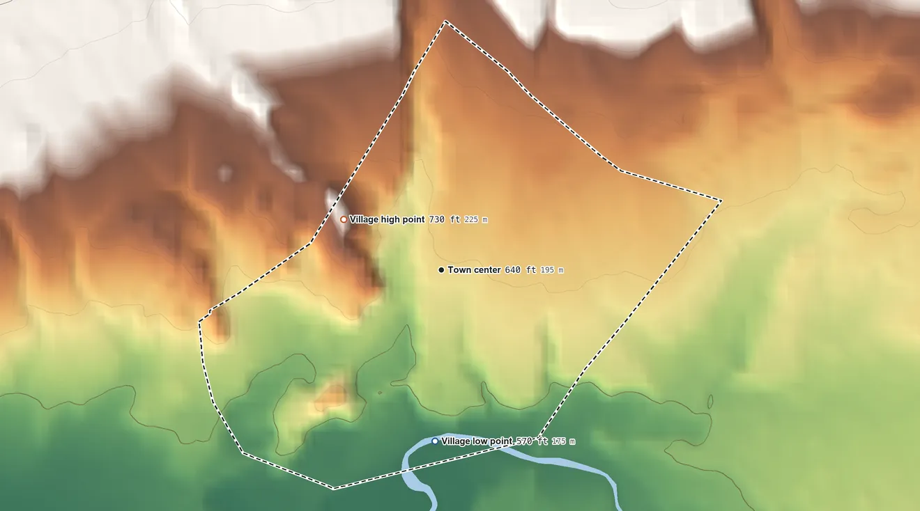 Topographic elevation map of Holland Patent, New York, shaded from 570 ft on the south side to 730 ft on the northwest side