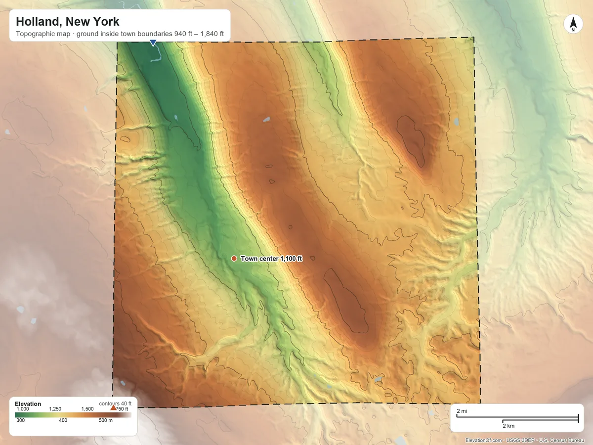 Topographic elevation map of Holland, New York, shaded from 940 ft on the north side to 1,840 ft on the southwest side