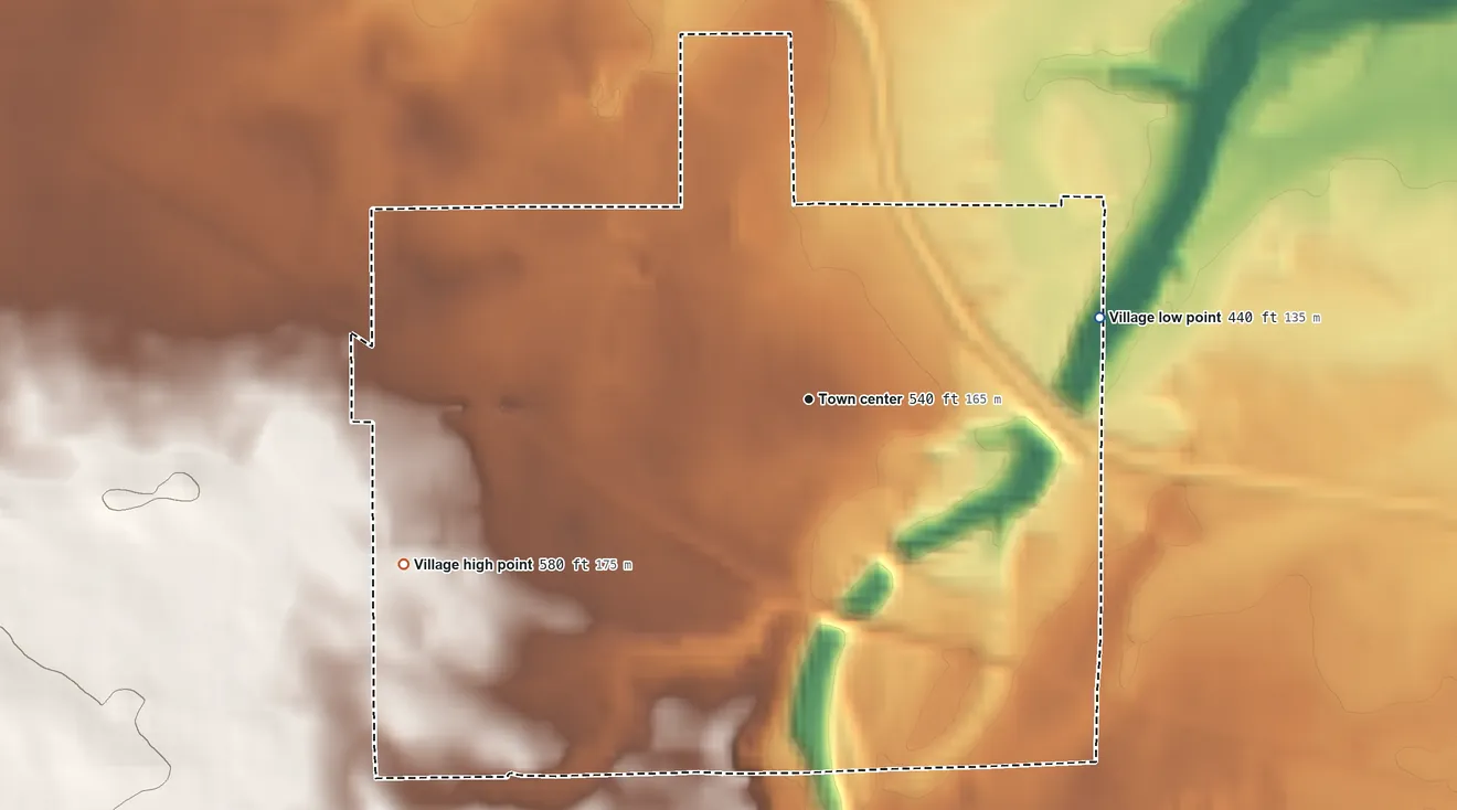 Topographic elevation map of Holley, New York, shaded from 440 ft on the east side to 580 ft on the west side