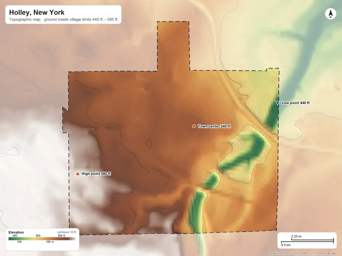 Topographic elevation map of Holley, New York, shaded from 440 ft on the east side to 580 ft on the west side