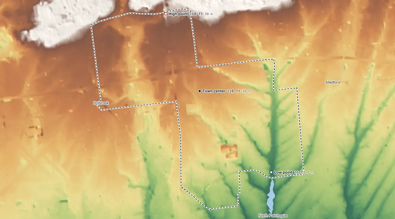 Topographic elevation map of Holtsville, New York, shaded from 26 ft on the southeast side to 160 ft on the northwest side