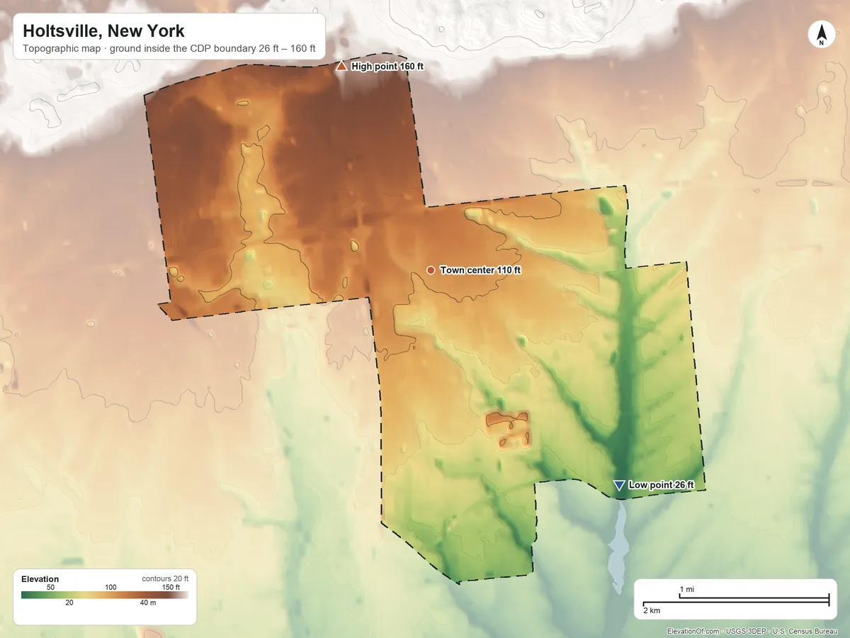 Topographic elevation map of Holtsville, New York, shaded from 26 ft on the southeast side to 160 ft on the northwest side