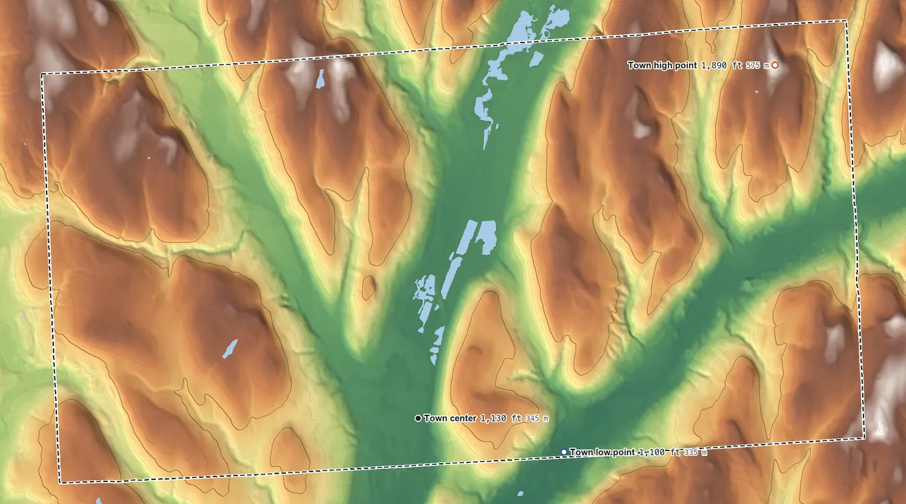 Topographic elevation map of Homer, New York, shaded from 1,100 ft on the east side to 1,890 ft on the northeast side