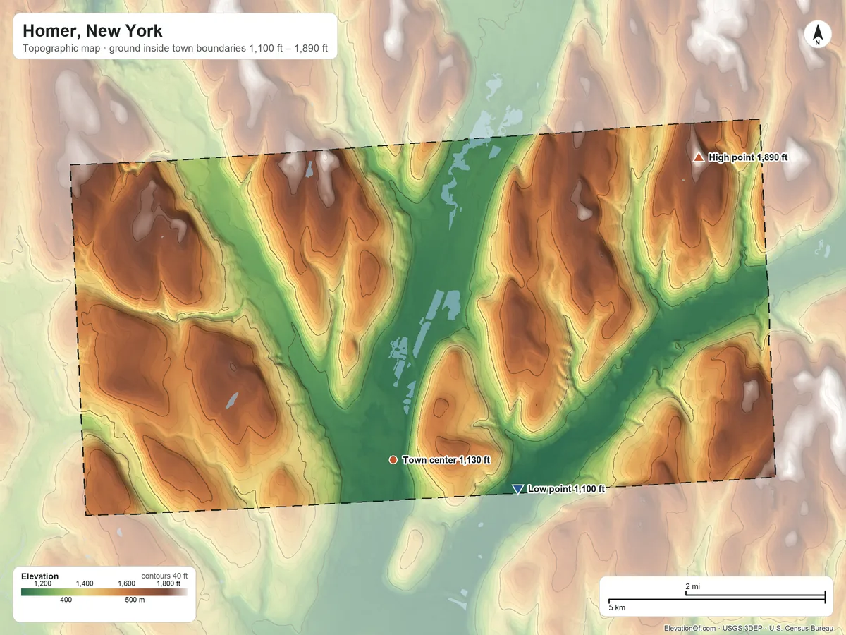 Topographic elevation map of Homer, New York, shaded from 1,100 ft on the east side to 1,890 ft on the northeast side