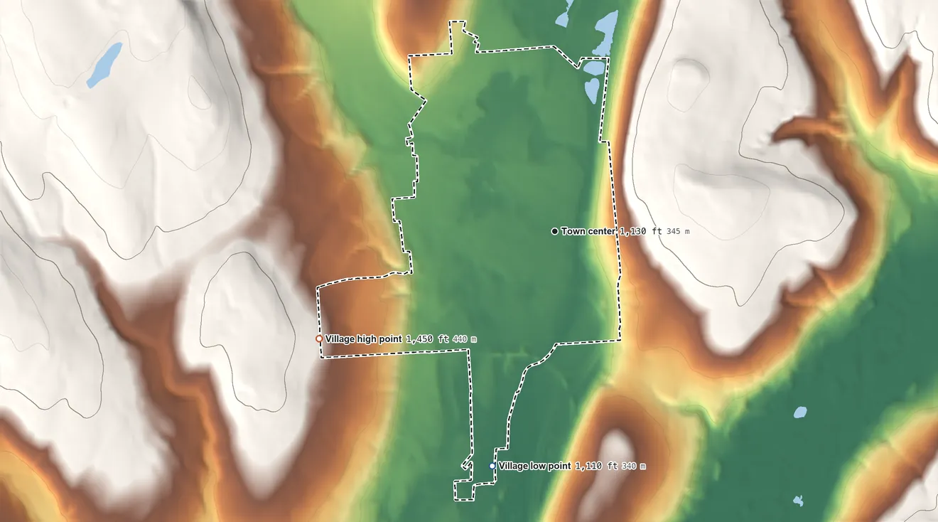 Topographic elevation map of Village of Homer, New York, shaded from 1,110 ft on the south side to 1,450 ft on the southwest side
