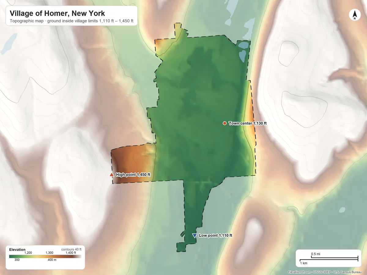 Topographic elevation map of Village of Homer, New York, shaded from 1,110 ft on the south side to 1,450 ft on the southwest side