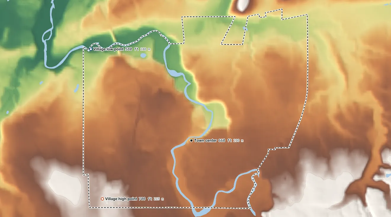 Topographic elevation map of Honeoye Falls, New York, shaded from 580 ft on the northwest side to 700 ft on the southwest side