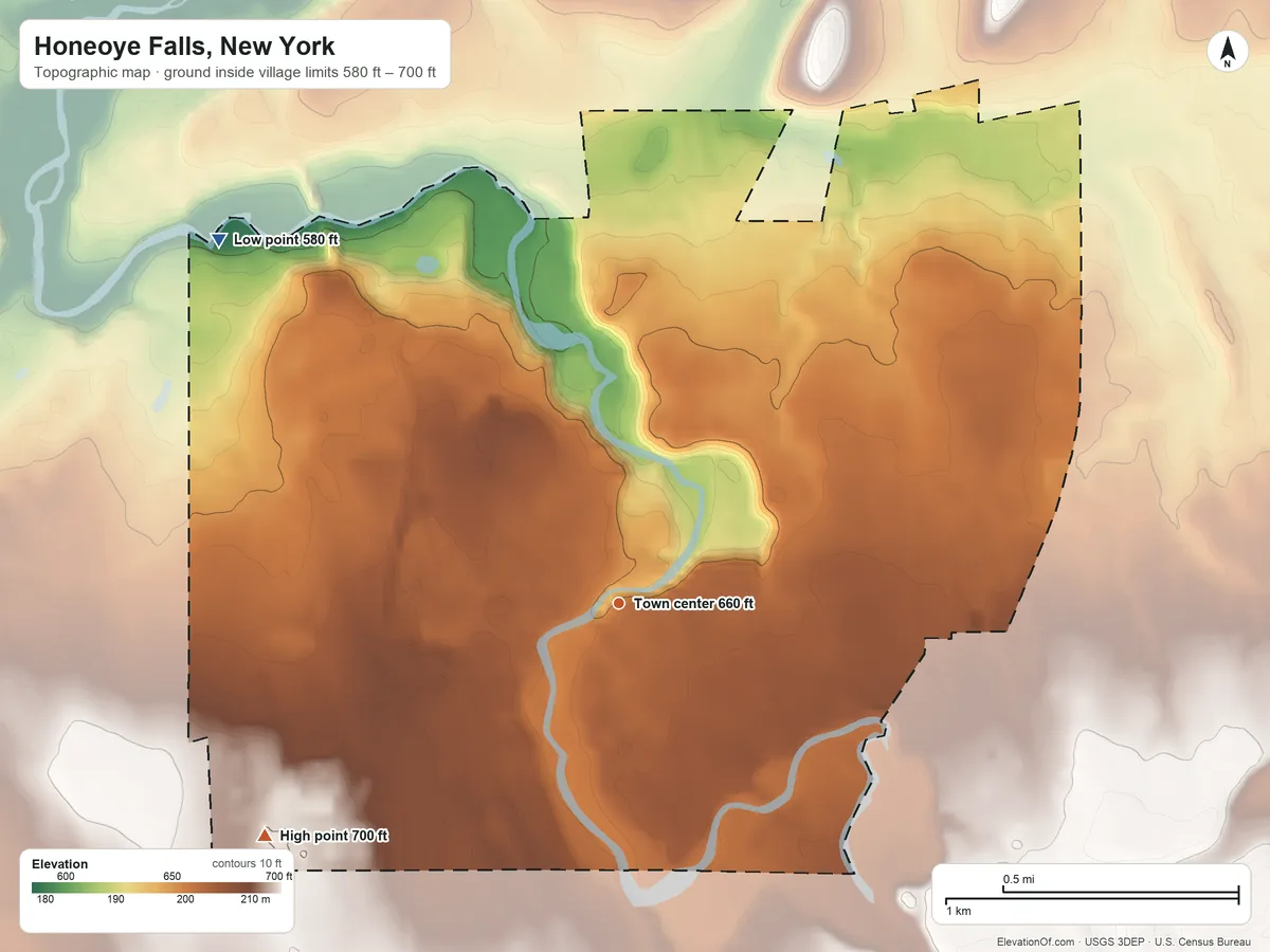 Topographic elevation map of Honeoye Falls, New York, shaded from 580 ft on the northwest side to 700 ft on the southwest side