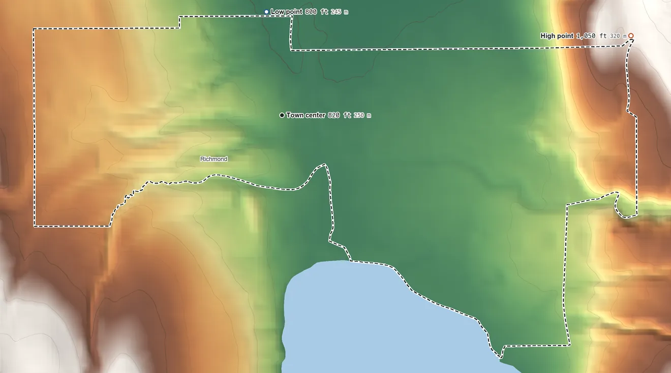 Topographic elevation map of Honeoye, New York, shaded from 800 ft on the north side to 1,050 ft on the east edge, below higher ground just outside