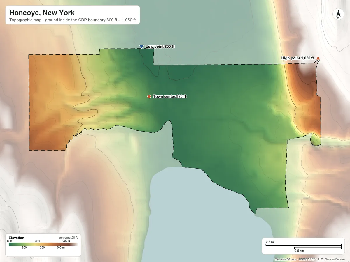 Topographic elevation map of Honeoye, New York, shaded from 800 ft on the north side to 1,050 ft on the east edge, below higher ground just outside
