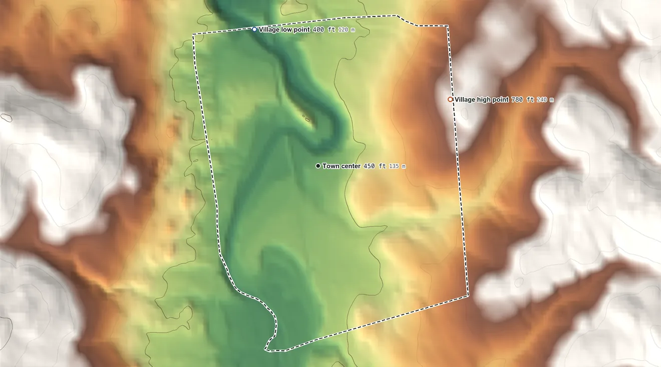 Topographic elevation map of Hoosick Falls, New York, shaded from 400 ft on the northwest side to 780 ft on the northeast edge, below higher ground just outside