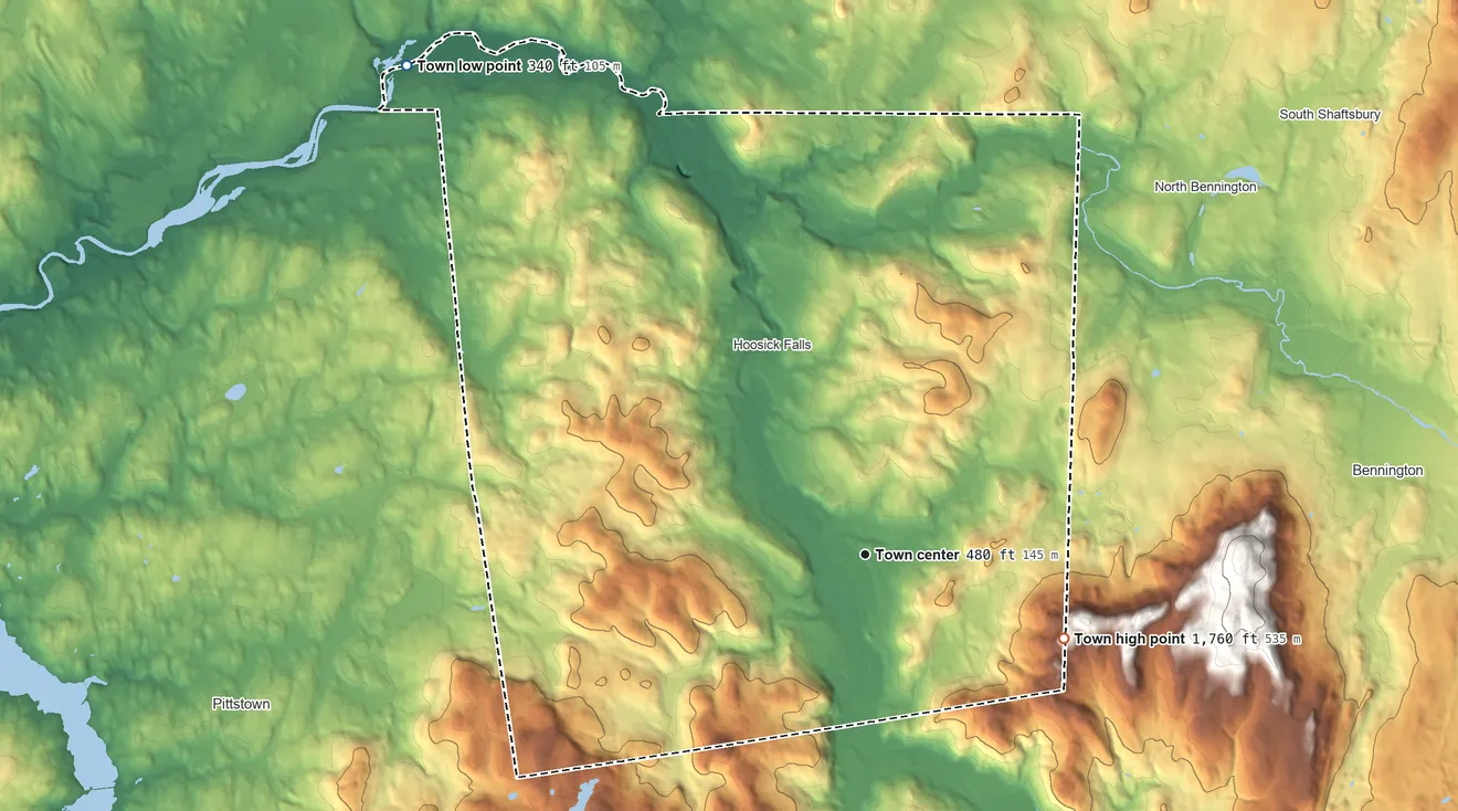 Topographic elevation map of Hoosick, New York, shaded from 340 ft on the northwest side to 1,760 ft on the southeast side