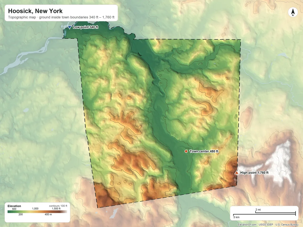 Topographic elevation map of Hoosick, New York, shaded from 340 ft on the northwest side to 1,760 ft on the southeast side