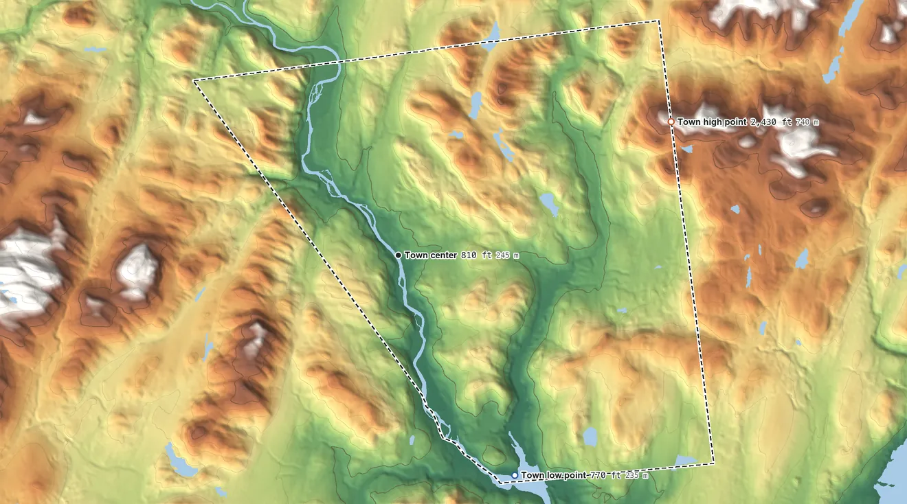 Topographic elevation map of Hope, New York, shaded from 770 ft on the southeast side to 2,430 ft on the northeast side