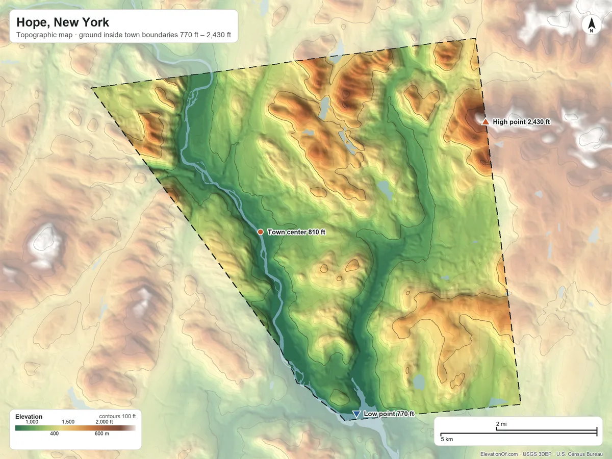Topographic elevation map of Hope, New York, shaded from 770 ft on the southeast side to 2,430 ft on the northeast side