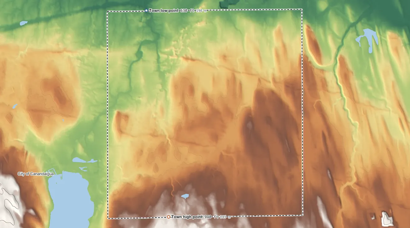 Topographic elevation map of Hopewell, New York, shaded from 630 ft on the north side to 940 ft on the south side
