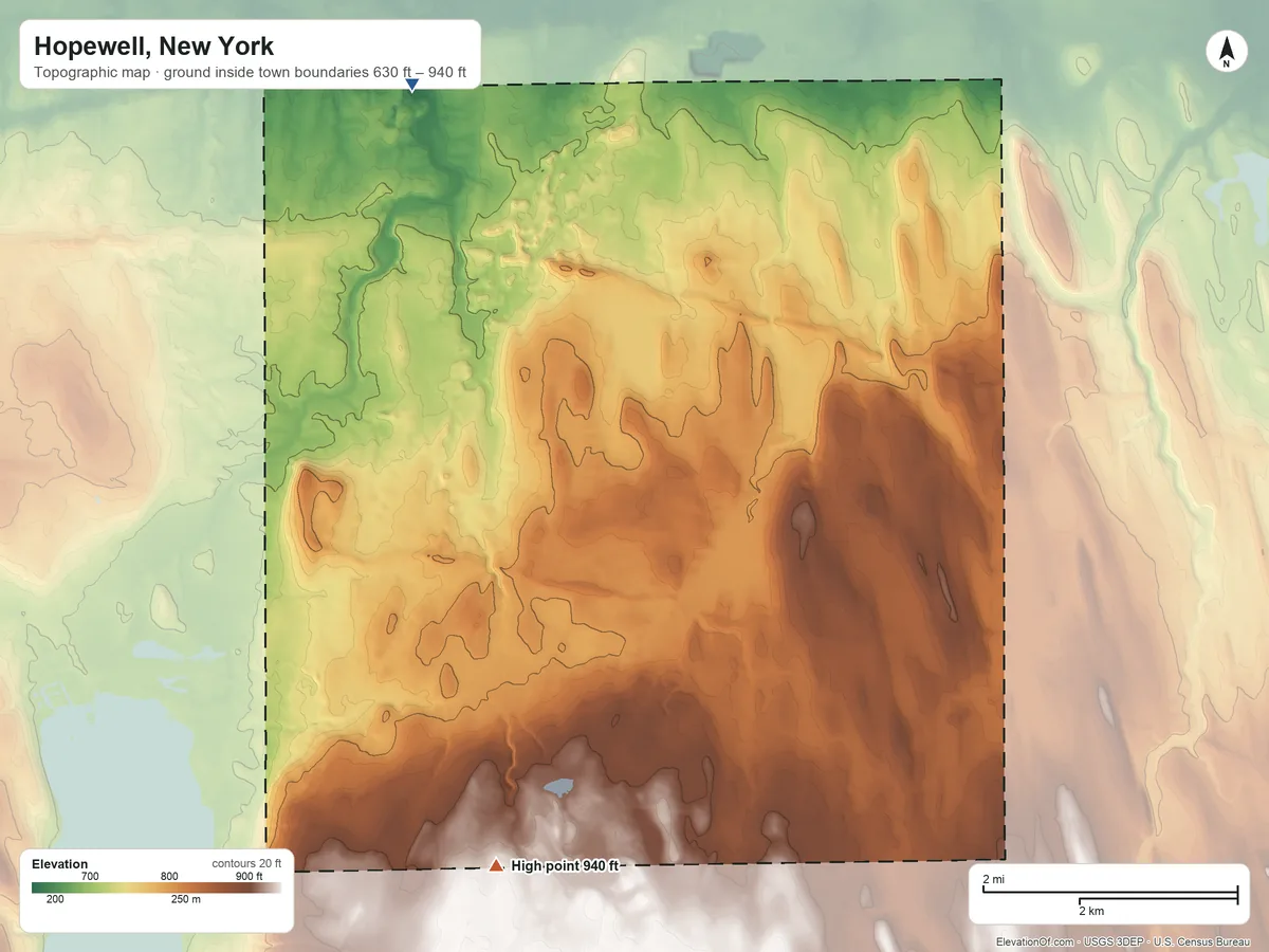 Topographic elevation map of Hopewell, New York, shaded from 630 ft on the north side to 940 ft on the south side