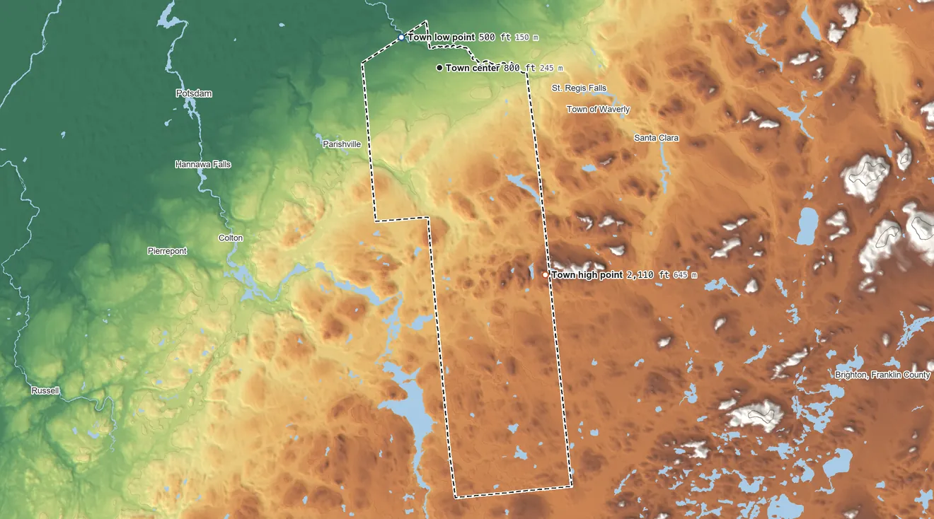 Topographic elevation map of Hopkinton, New York, shaded from 500 ft near the middle to 2,110 ft on the southeast side