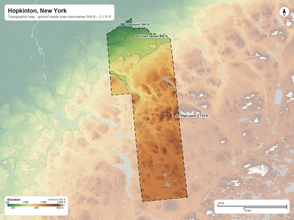 Topographic elevation map of Hopkinton, New York, shaded from 500 ft near the middle to 2,110 ft on the southeast side
