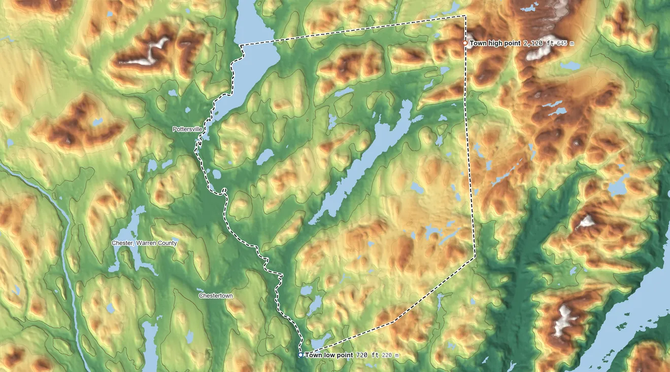 Topographic elevation map of Horicon, New York, shaded from 720 ft on the south side to 2,120 ft on the northeast edge, below higher ground just outside