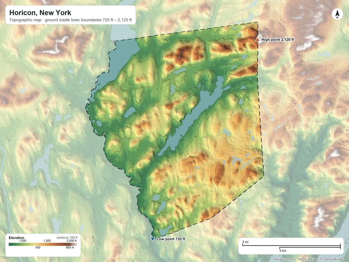 Topographic elevation map of Horicon, New York, shaded from 720 ft on the south side to 2,120 ft on the northeast edge, below higher ground just outside