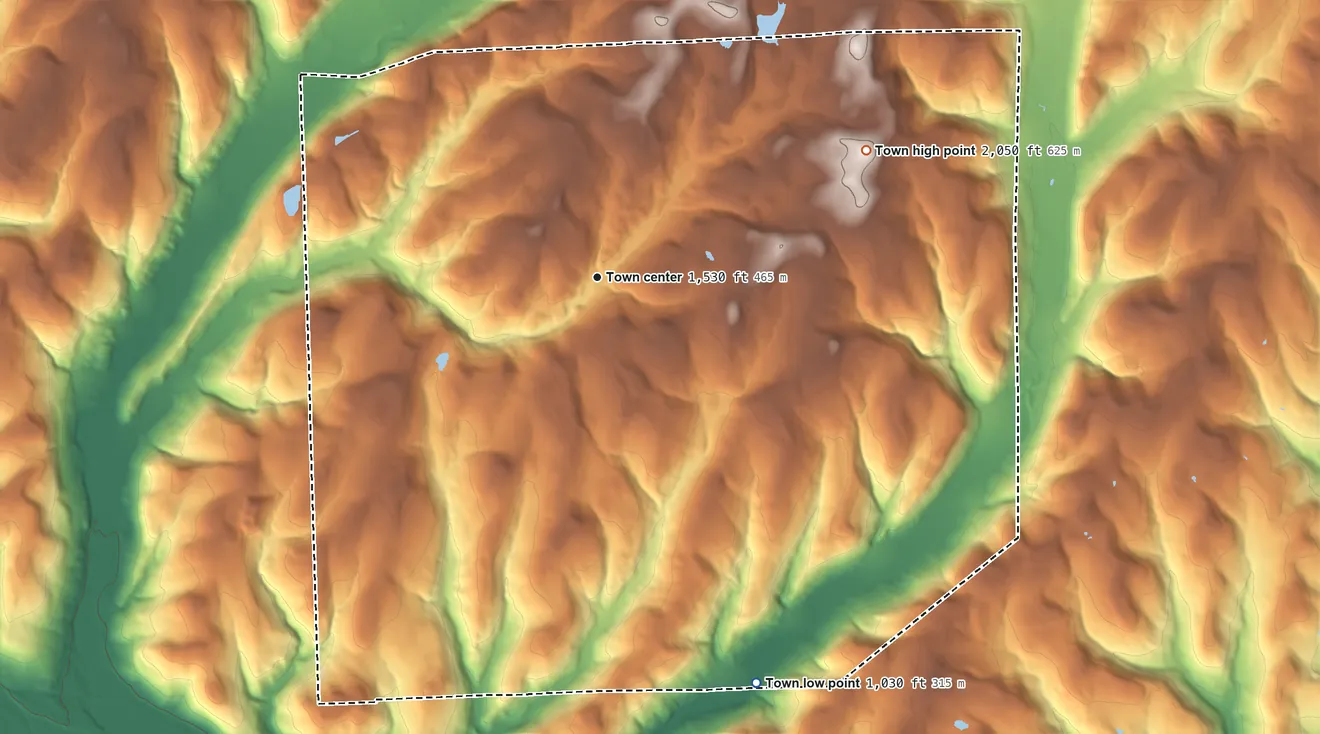 Topographic elevation map of Hornby, New York, shaded from 1,030 ft on the south side to 2,050 ft on the northeast side