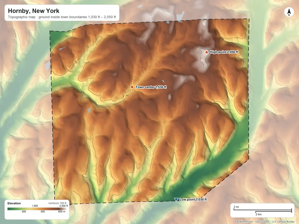 Topographic elevation map of Hornby, New York, shaded from 1,030 ft on the south side to 2,050 ft on the northeast side