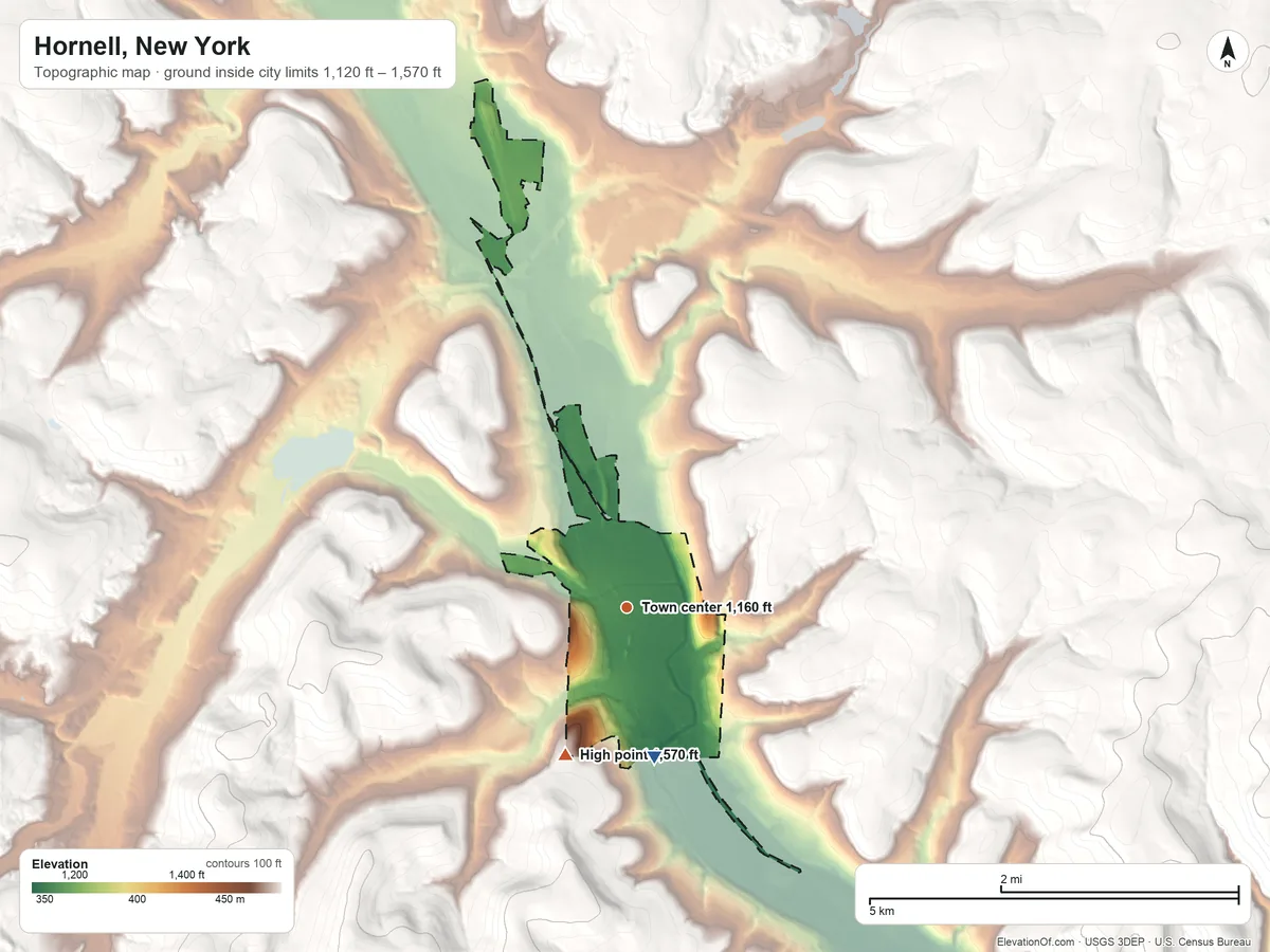 Topographic elevation map of Hornell, New York, shaded from 1,120 ft on the south side to 1,570 ft on the southwest edge, below higher ground just outside